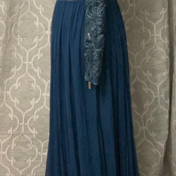NWT Elie Saab Peacock Blue Sequin Beaded Long Sleeve Gown Dress, Sz 36 - Picture 8 of 14